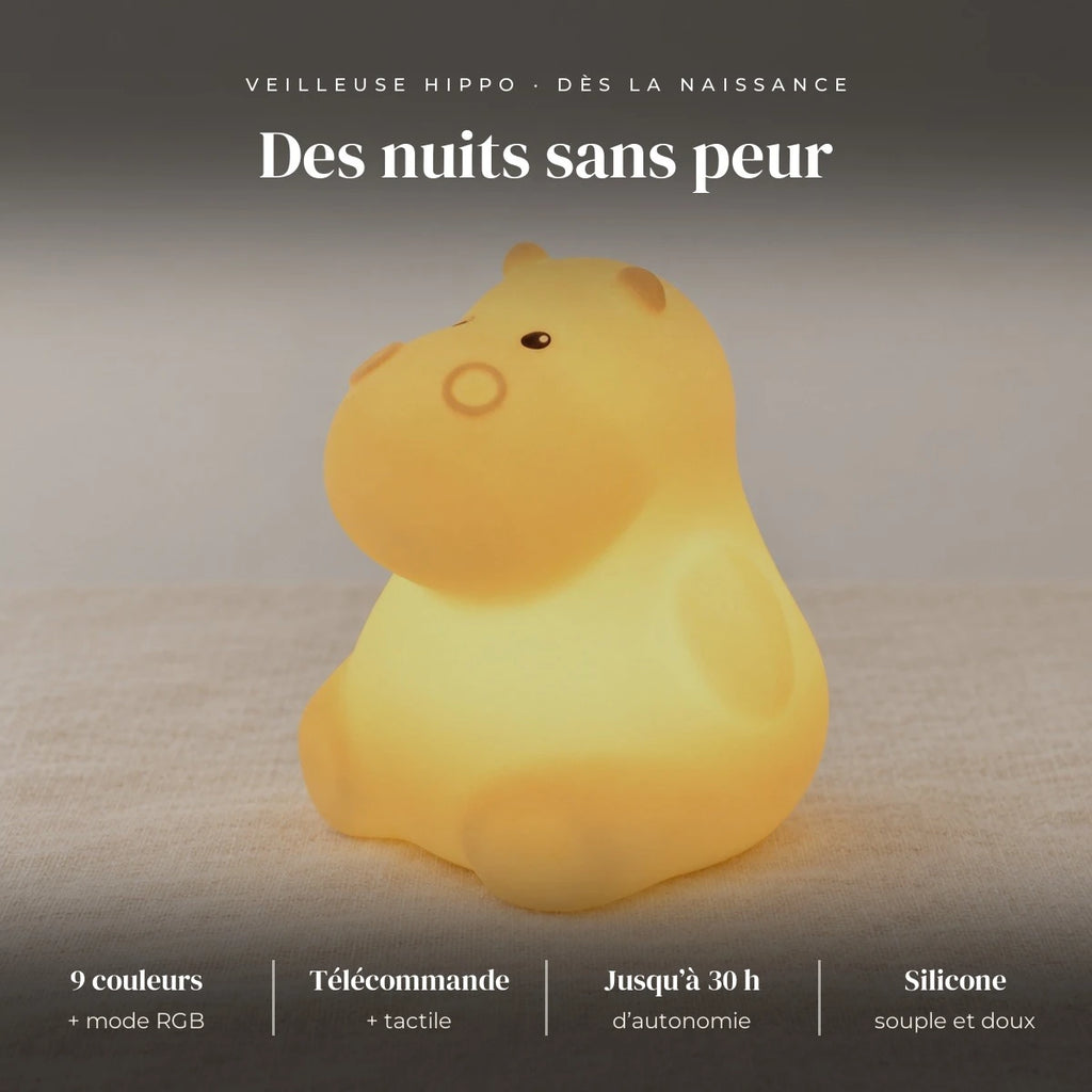 Veilleuse hippopotame avec télécommande : silicone souple, 9 couleurs + mode RGB, tactile + télécommande