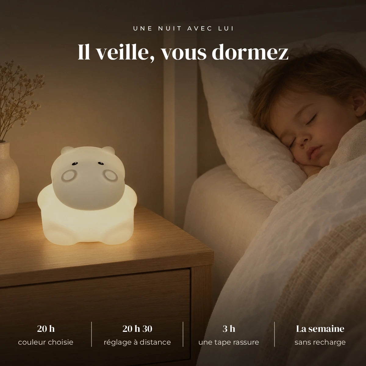 Veilleuse hippopotame avec télécommande qui éclaire doucement la chambre pendant que l’enfant dort