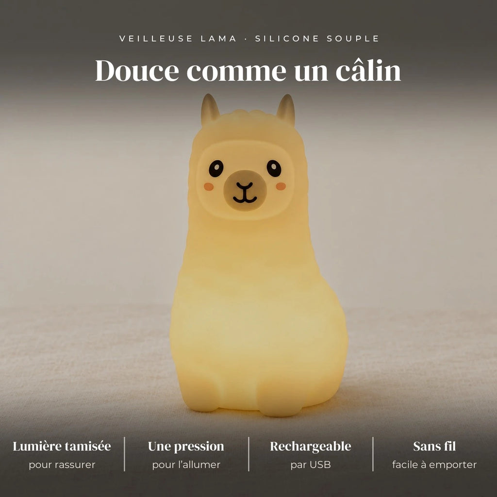 Veilleuse lama bébé rechargeable en silicone : silicone souple, LED douce, tamisée, pression