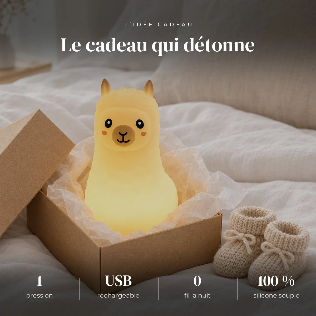 Veilleuse lama bébé rechargeable en silicone dans sa boîte cadeau, idée cadeau de naissance