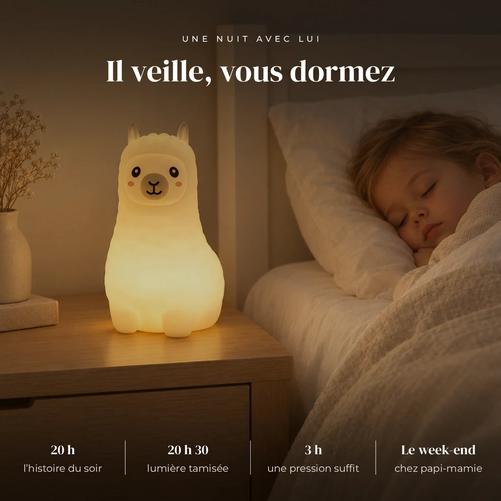 Veilleuse lama bébé rechargeable en silicone qui éclaire doucement la chambre pendant que l’enfant dort