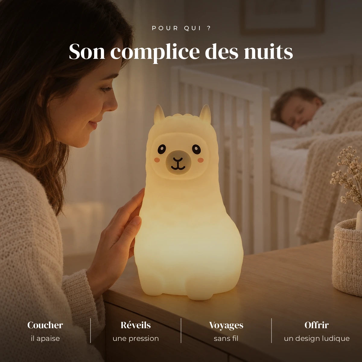 Veilleuse lama bébé rechargeable en silicone utilisée la nuit dans la chambre de bébé