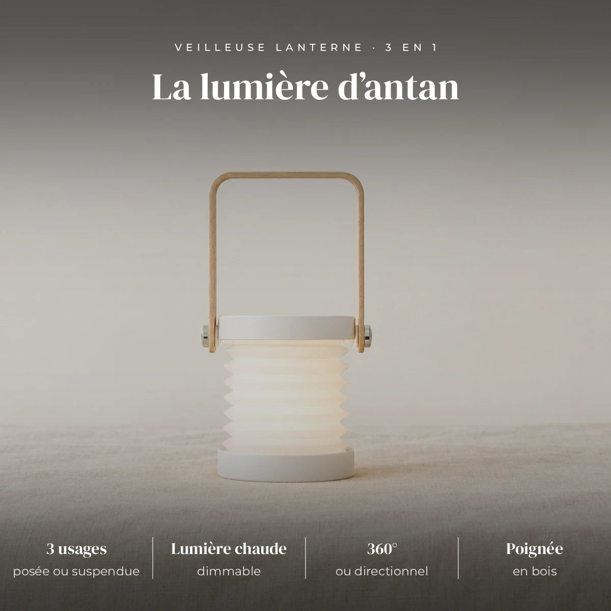 Veilleuse lanterne LED 3 en 1 rechargeable : pliable, poignée rotative en bois, lumière chaude dimmable, 360° ou directionnel, veilleuse, lampe de bureau, lanterne suspendue, torche