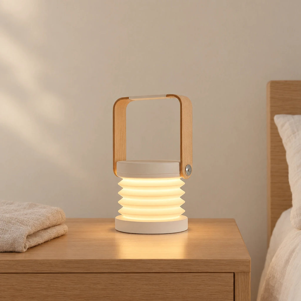 Veilleuse lanterne LED 3 en 1 rechargeable allumée sur une table de chevet en chêne dans une chambre d’enfant