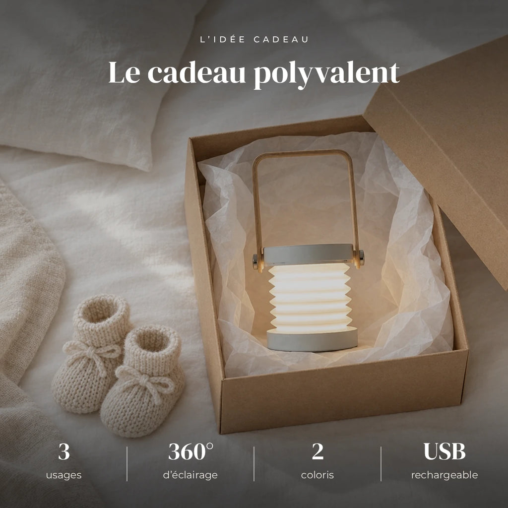 Veilleuse lanterne LED 3 en 1 rechargeable dans sa boîte cadeau, idée cadeau de naissance