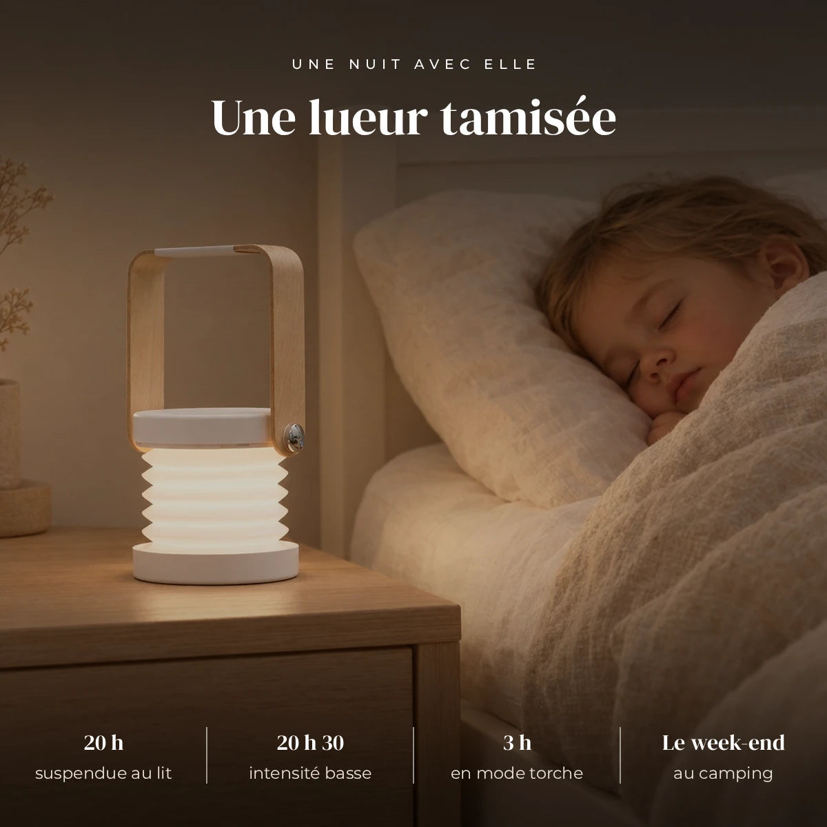 Veilleuse lanterne LED 3 en 1 rechargeable qui éclaire doucement la chambre pendant que l’enfant dort