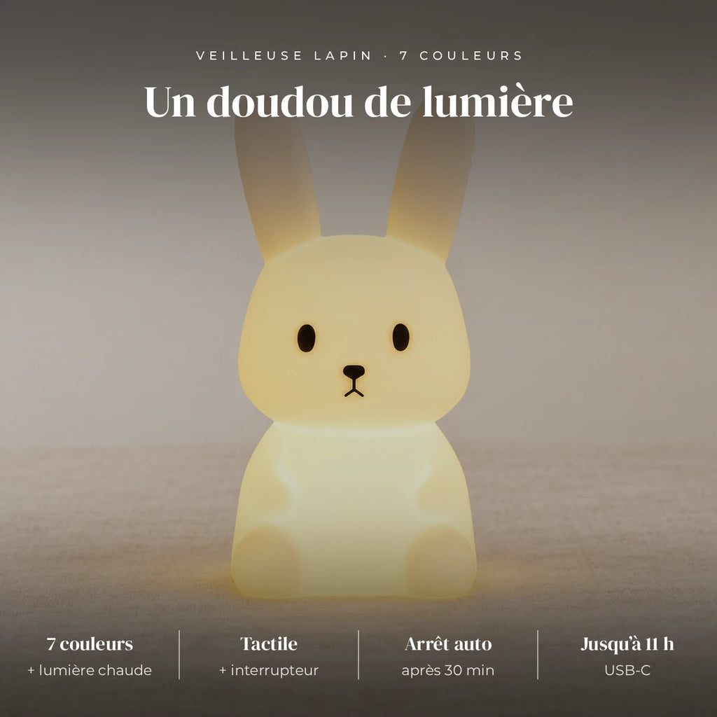 Veilleuse lapin enfant tactile : silicone ultra doux, 7 couleurs + lumière chaude, tactile + interrupteur