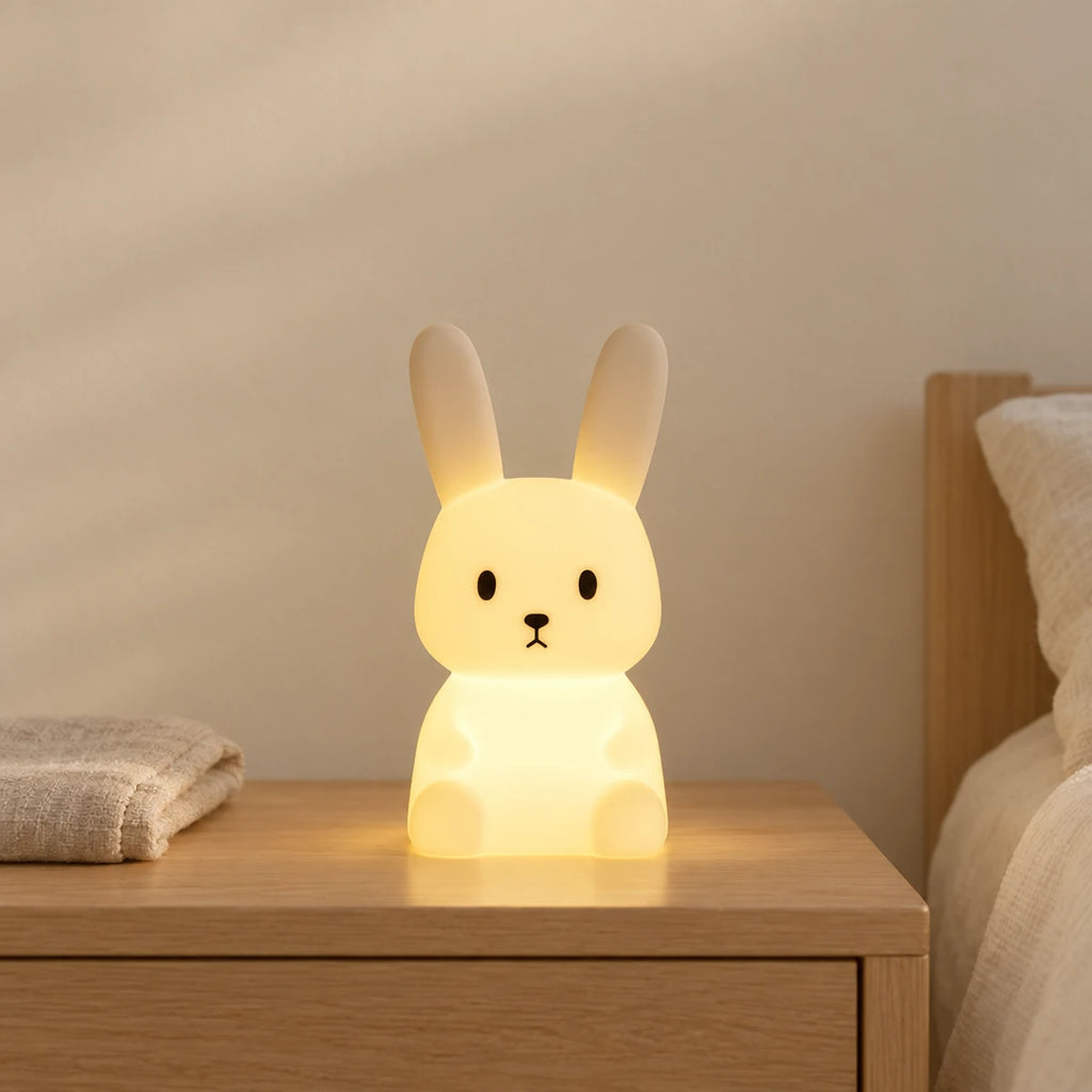 Veilleuse lapin enfant tactile allumée sur une table de chevet en chêne dans une chambre d’enfant