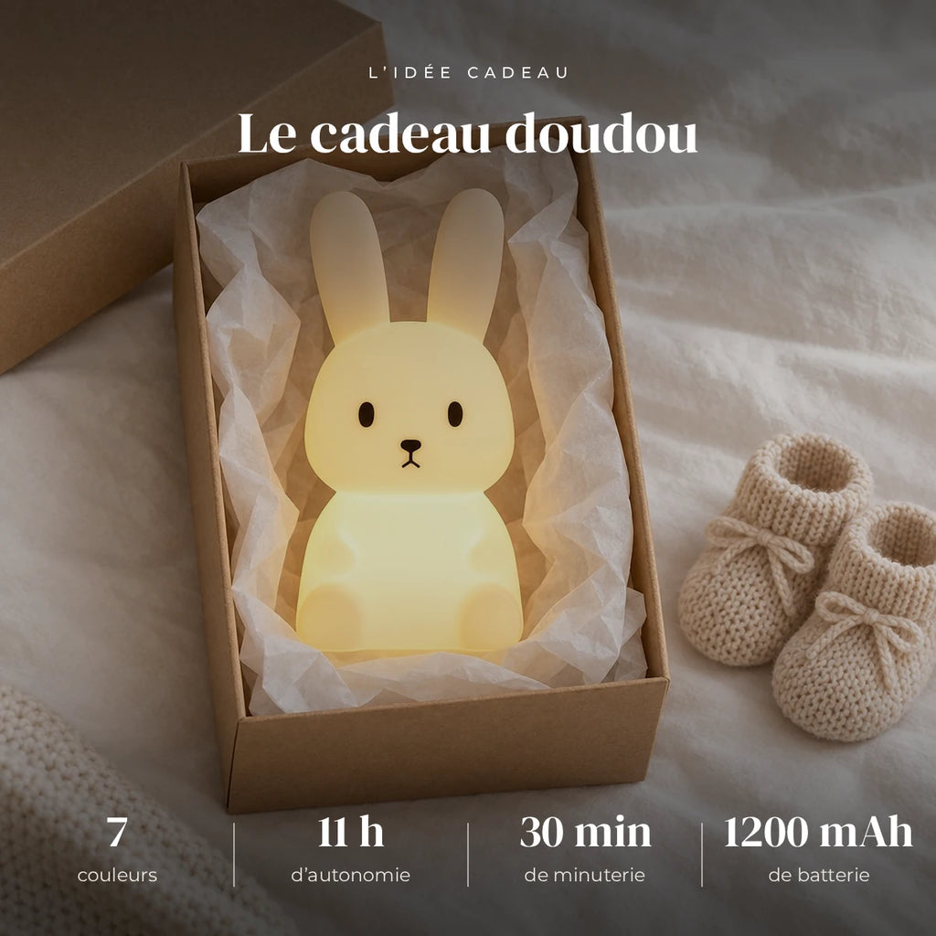 Veilleuse lapin enfant tactile dans sa boîte cadeau, idée cadeau de naissance