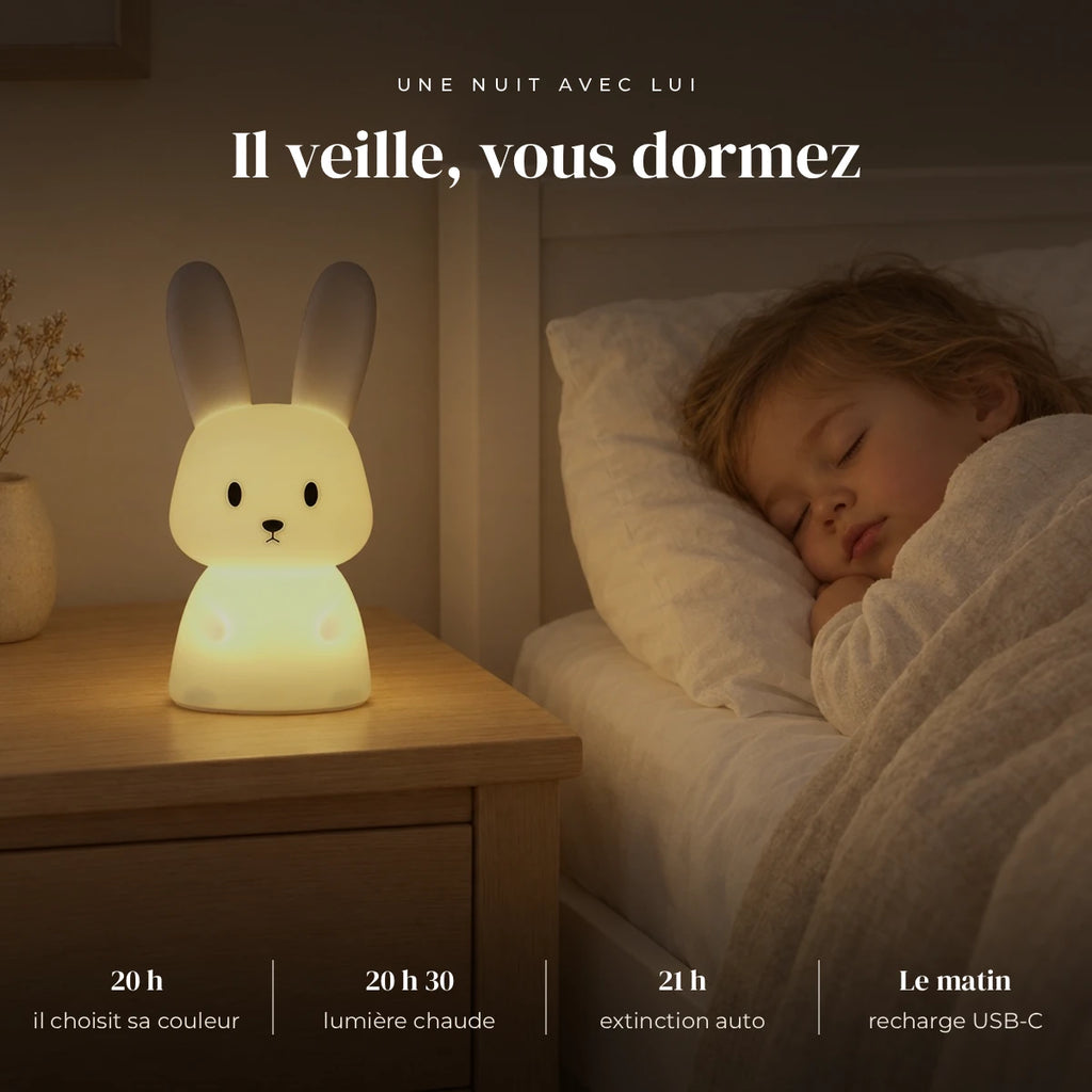 Veilleuse lapin enfant tactile qui éclaire doucement la chambre pendant que l’enfant dort
