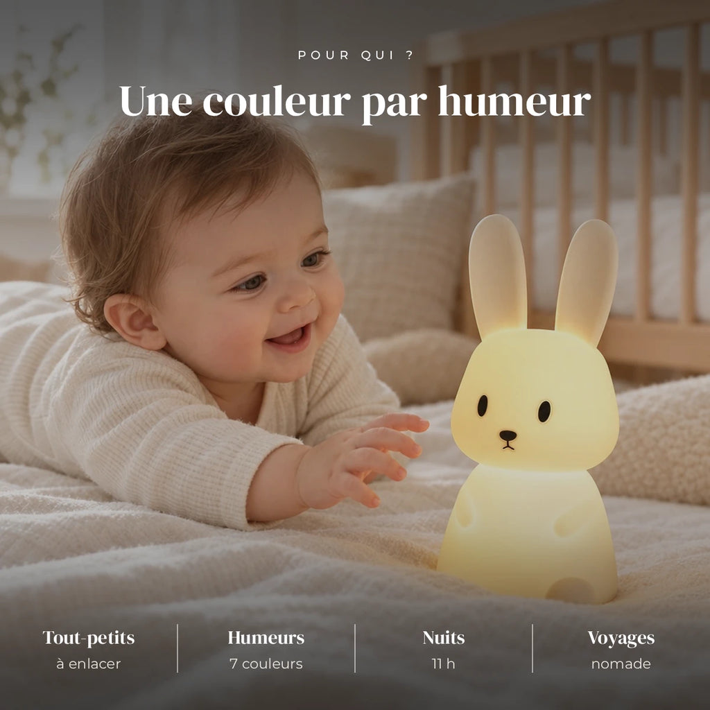 Veilleuse lapin enfant tactile utilisée la nuit dans la chambre de bébé