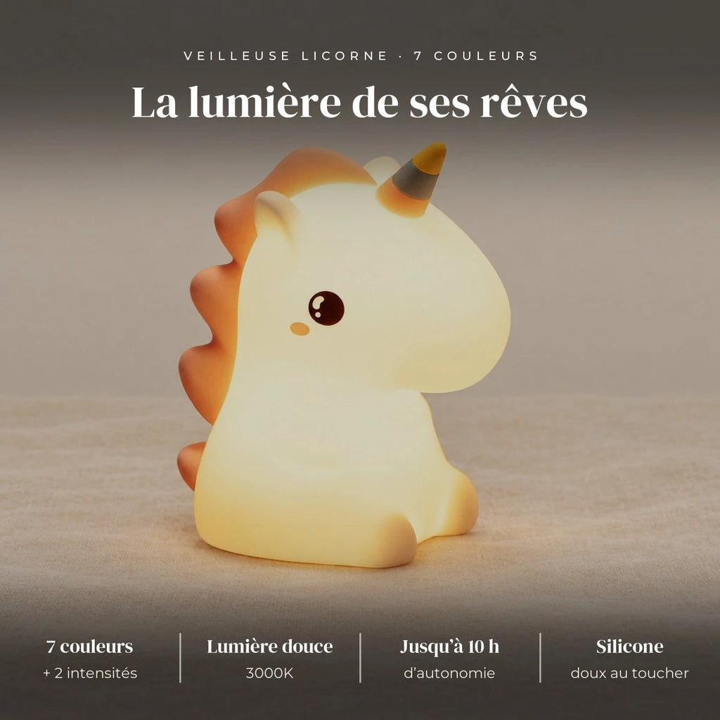 Veilleuse licorne en silicone : silicone doux, 7 couleurs + 2 intensités chaudes 3000K, tactile