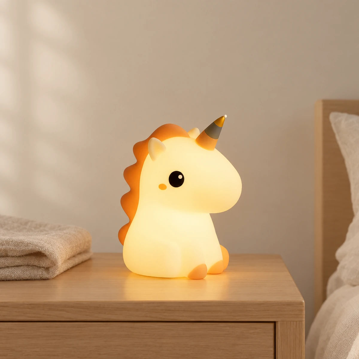 Veilleuse licorne en silicone allumée sur une table de chevet en chêne dans une chambre d’enfant