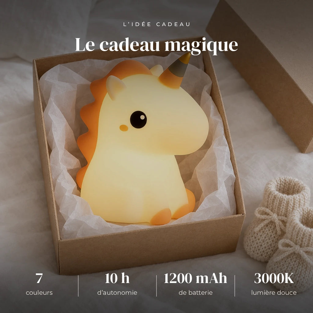 Veilleuse licorne en silicone dans sa boîte cadeau, idée cadeau de naissance