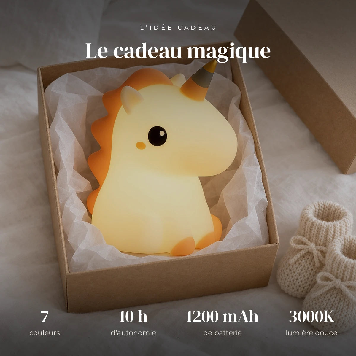 Veilleuse licorne en silicone dans sa boîte cadeau, idée cadeau de naissance