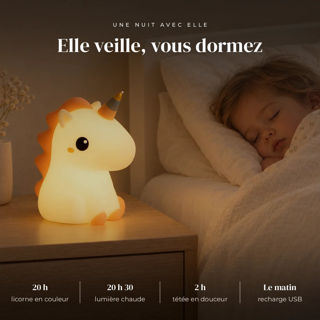 Veilleuse licorne en silicone qui éclaire doucement la chambre pendant que l’enfant dort