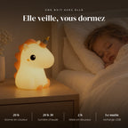 Veilleuse licorne en silicone qui éclaire doucement la chambre pendant que l’enfant dort