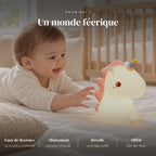 Veilleuse licorne en silicone utilisée la nuit dans la chambre de bébé