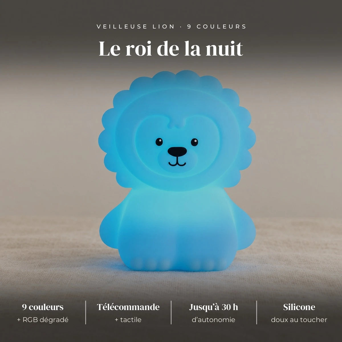 Veilleuse lion enfant avec télécommande : silicone doux, 9 couleurs + mode RGB dégradé, tactile + télécommande