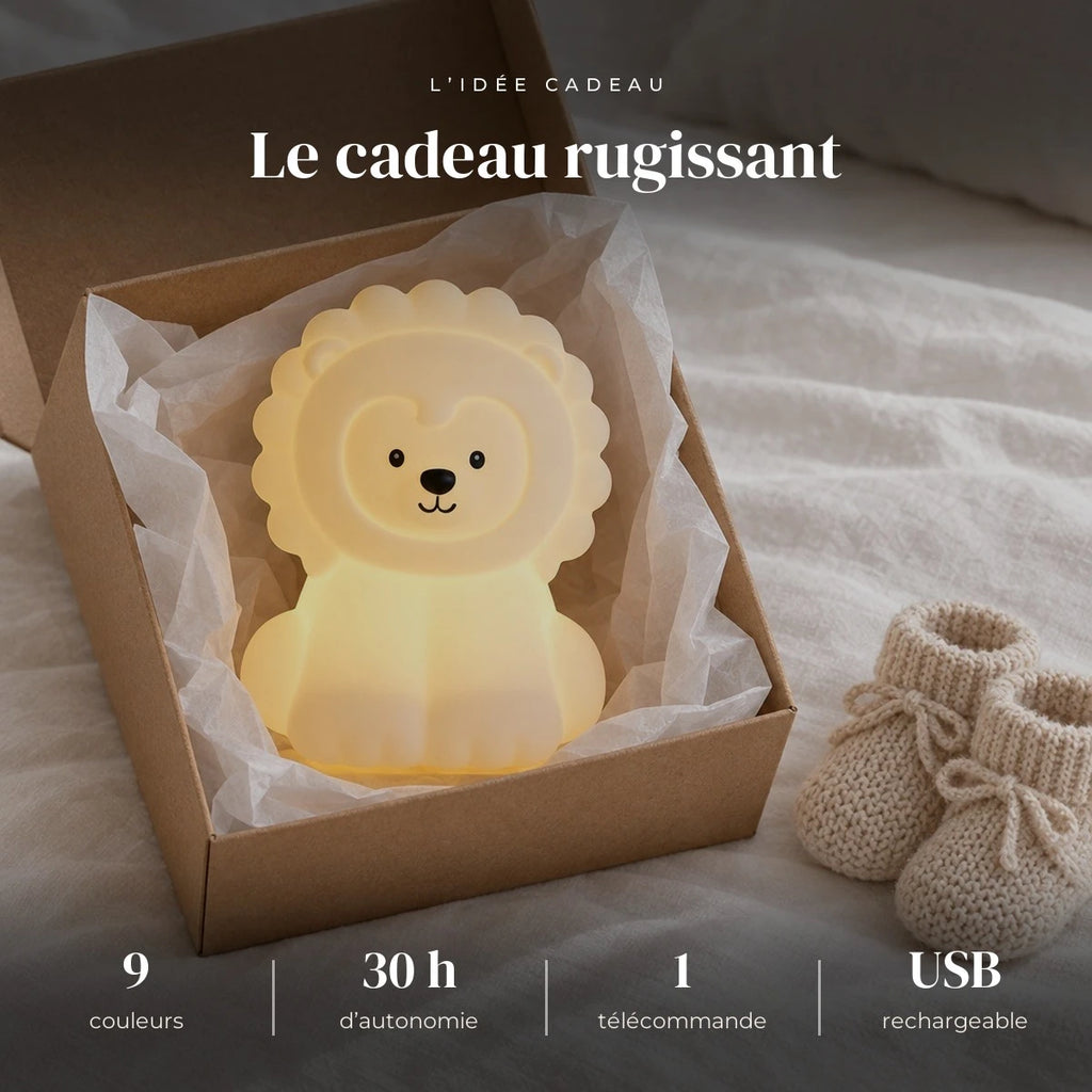 Veilleuse lion enfant avec télécommande dans sa boîte cadeau, idée cadeau de naissance