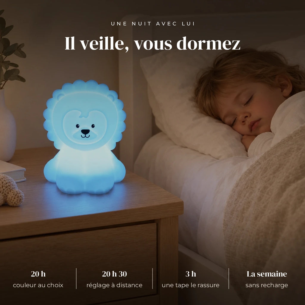 Veilleuse lion enfant avec télécommande qui éclaire doucement la chambre pendant que l’enfant dort
