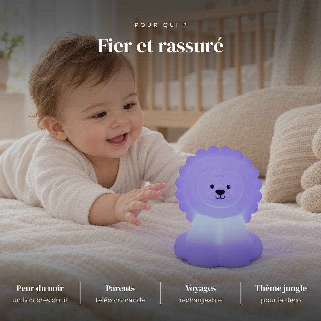 Veilleuse lion enfant avec télécommande utilisée la nuit dans la chambre de bébé