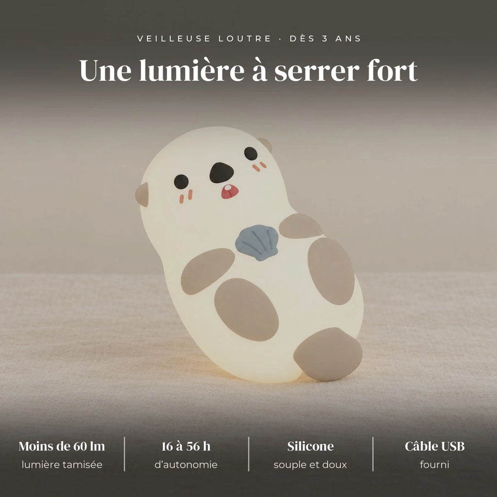 Veilleuse loutre en silicone rechargeable : ABS + silicone souple, moins de 60 lumens, 1200 mAh