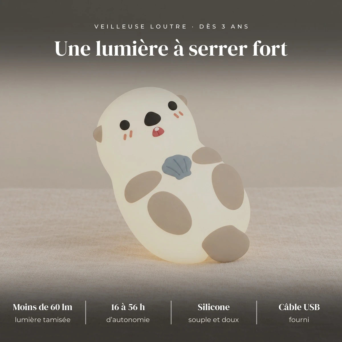 Veilleuse loutre en silicone rechargeable : ABS + silicone souple, moins de 60 lumens, 1200 mAh