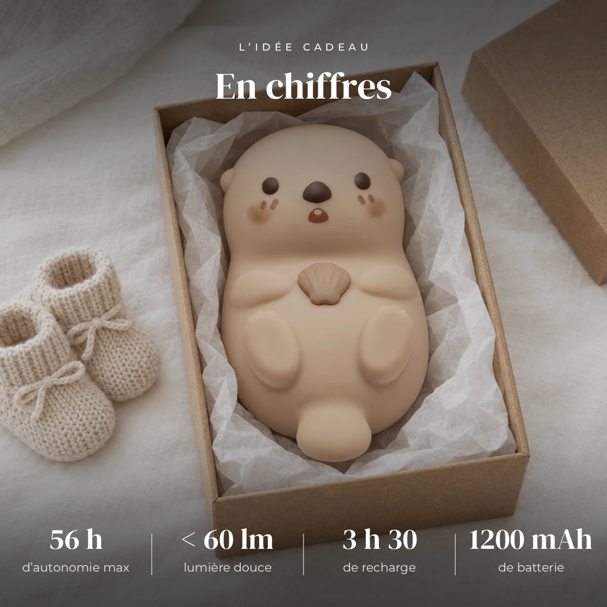 Veilleuse loutre en silicone rechargeable dans sa boîte cadeau, idée cadeau de naissance