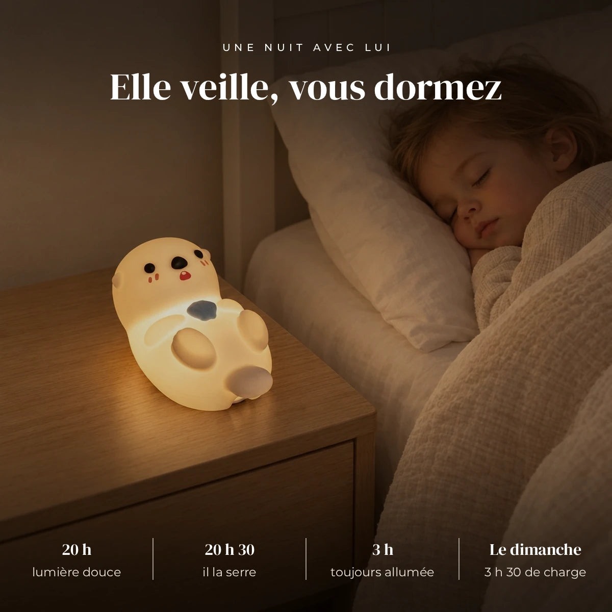 Veilleuse loutre en silicone rechargeable qui éclaire doucement la chambre pendant que l’enfant dort