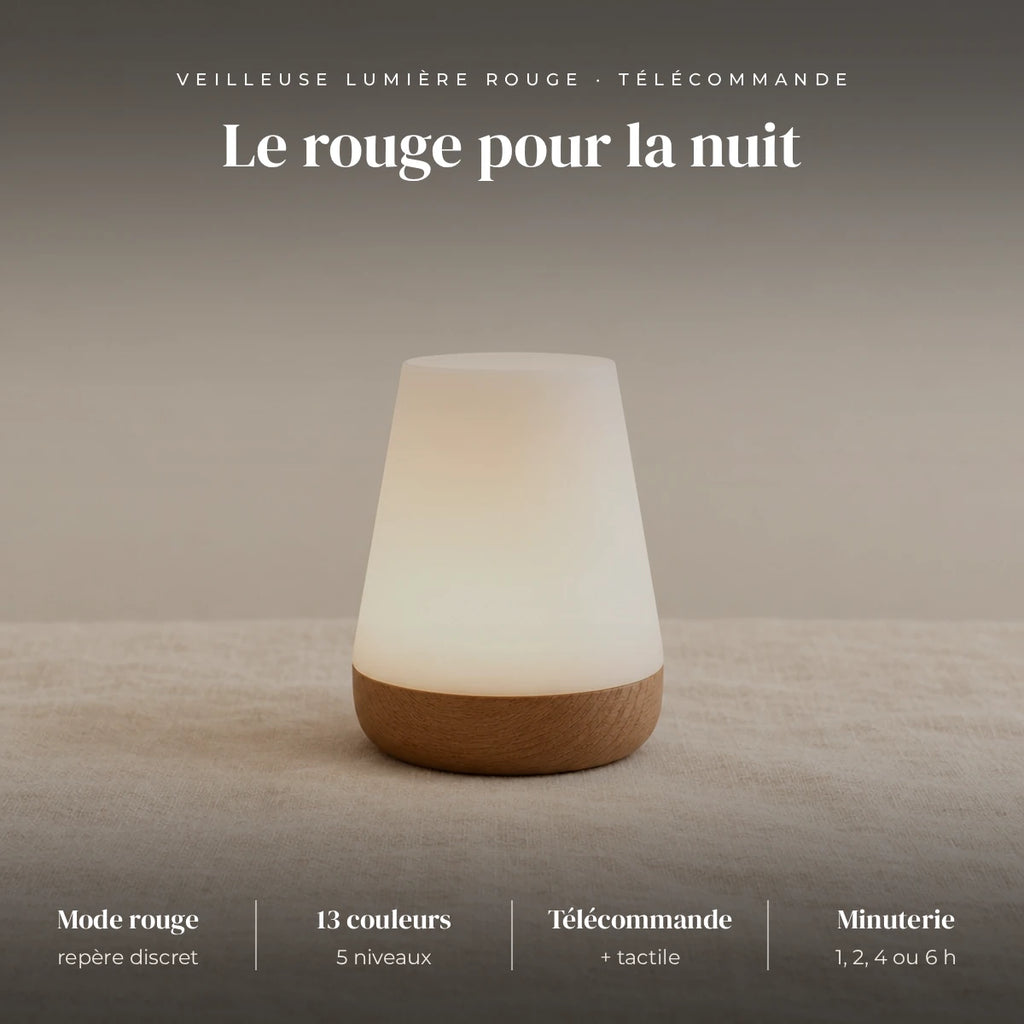 Veilleuse lumière rouge tactile : rouge + 13 couleurs, 5 niveaux, tactile + télécommande, 1 h, 2 h, 4 h ou 6 h