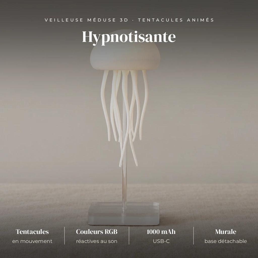 Veilleuse méduse 3D : tentacules en mouvement, RGB, dégradé automatique ou réactif au son, 1000 mAh