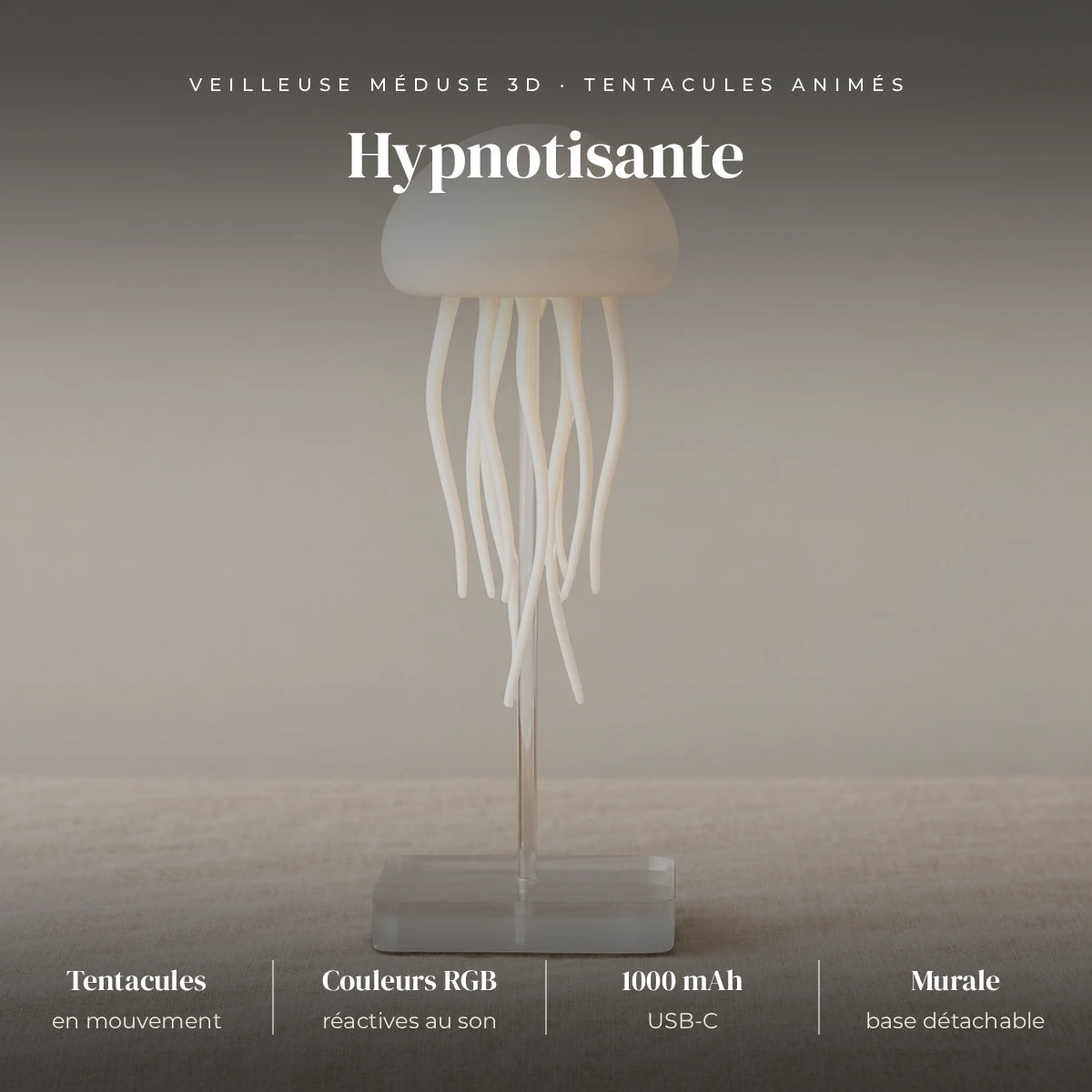 Veilleuse méduse 3D : tentacules en mouvement, RGB, dégradé automatique ou réactif au son, 1000 mAh