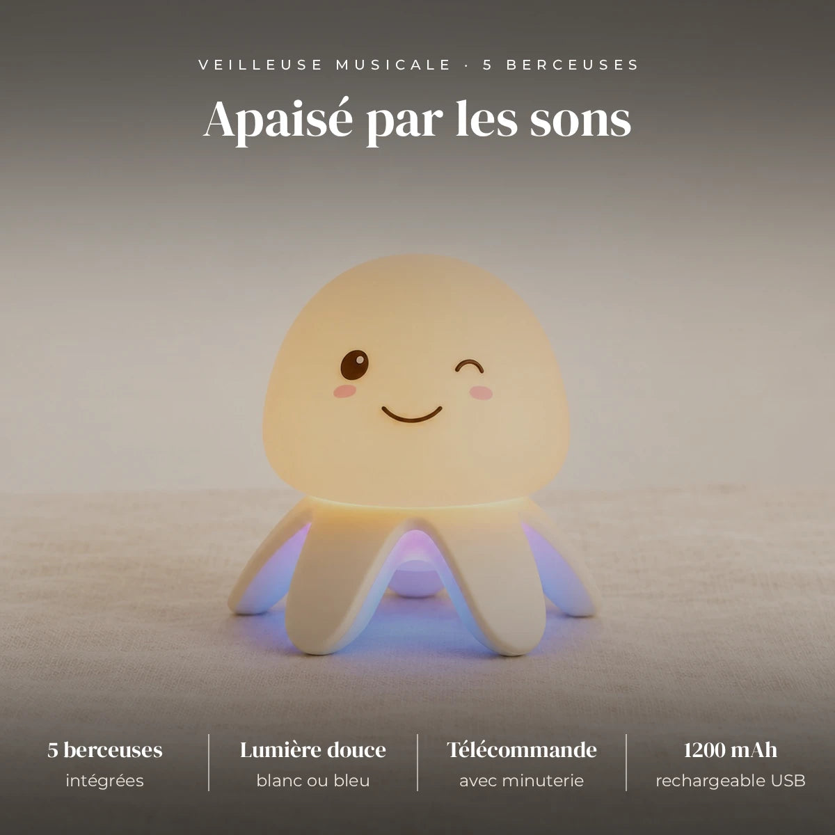 Veilleuse musicale bébé méduse : 5 berceuses intégrées, LED blanc ou bleu, tactile + télécommande fournie