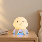 Veilleuse musicale bébé méduse allumée sur une table de chevet en chêne dans une chambre d’enfant