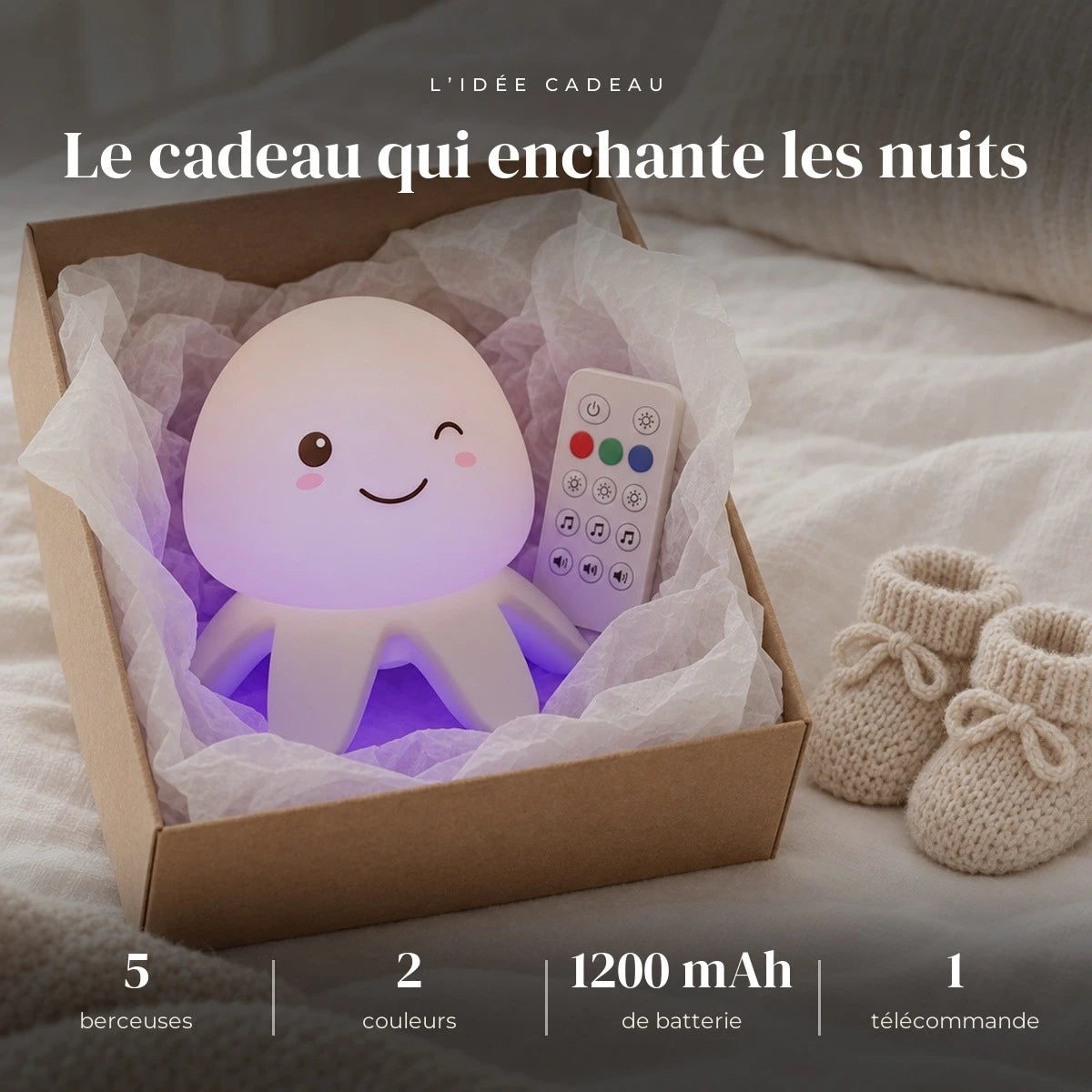 Veilleuse musicale bébé méduse dans sa boîte cadeau, idée cadeau de naissance