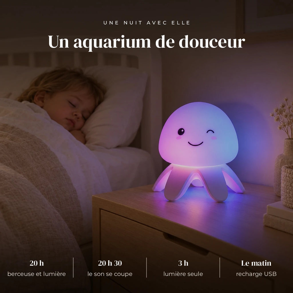 Veilleuse musicale bébé méduse qui éclaire doucement la chambre pendant que l’enfant dort