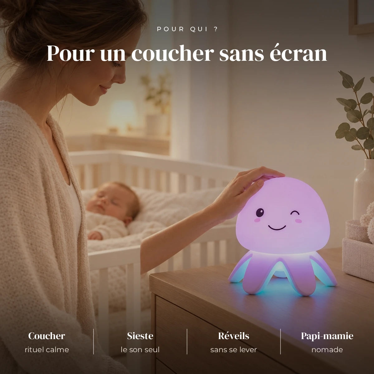 Veilleuse musicale bébé méduse utilisée la nuit dans la chambre de bébé