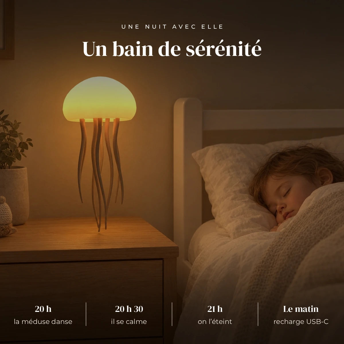 Veilleuse méduse 3D qui éclaire doucement la chambre pendant que l’enfant dort