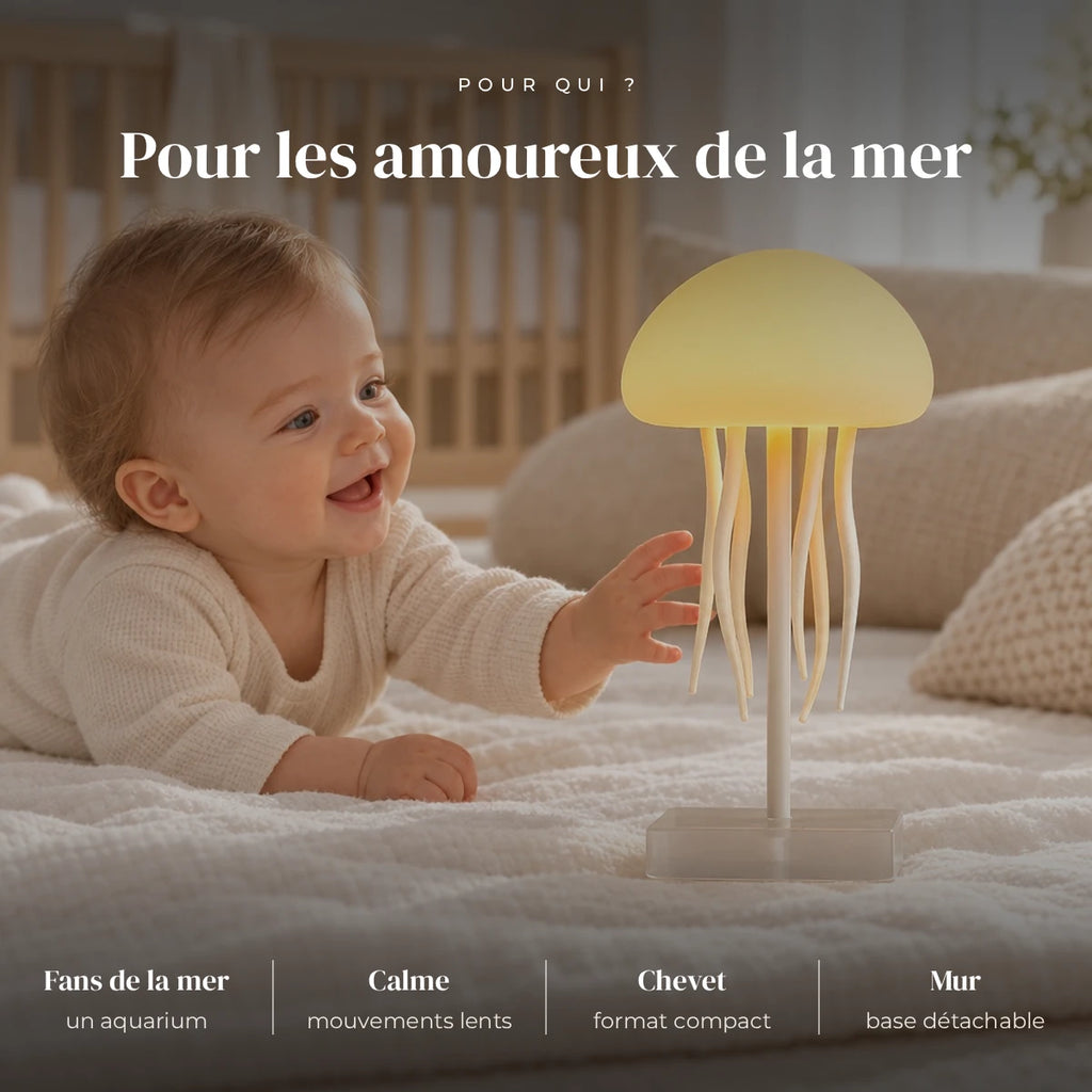 Veilleuse méduse 3D utilisée la nuit dans la chambre de bébé
