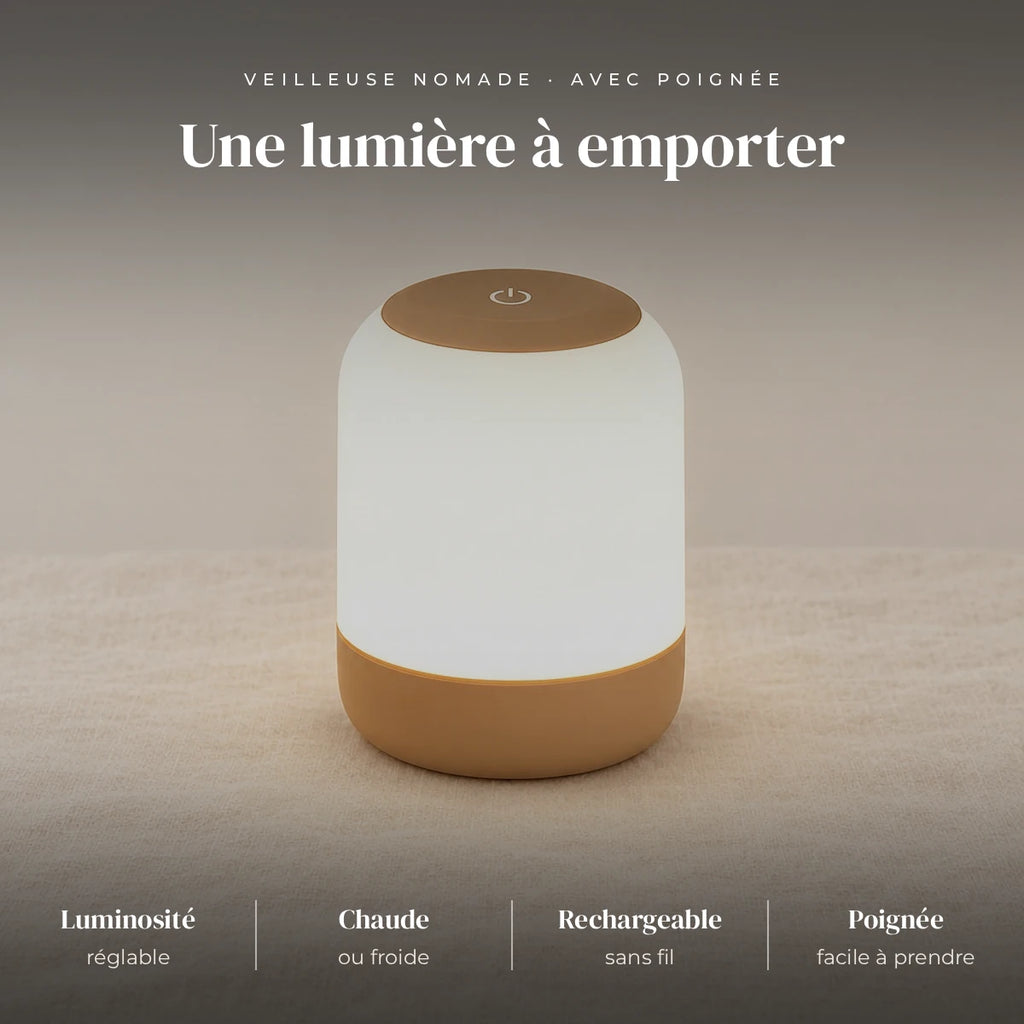 Veilleuse nomade tactile avec poignée : lumière chaude ou froide, luminosité réglable, rechargeable, portatif, avec poignée