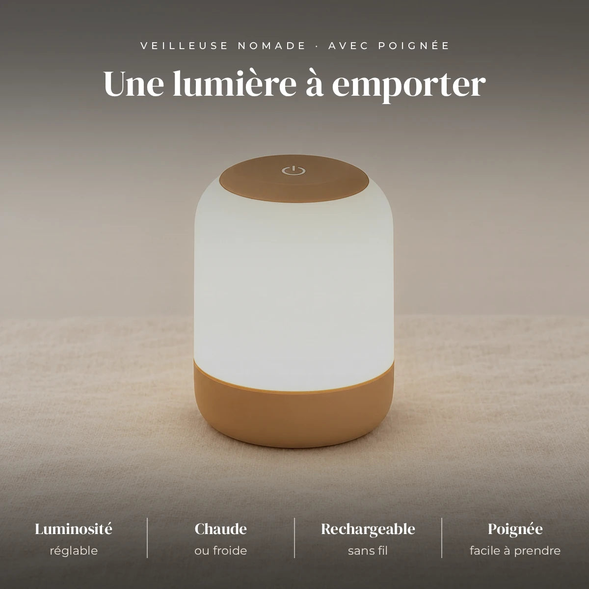 Veilleuse nomade tactile avec poignée : lumière chaude ou froide, luminosité réglable, rechargeable, portatif, avec poignée