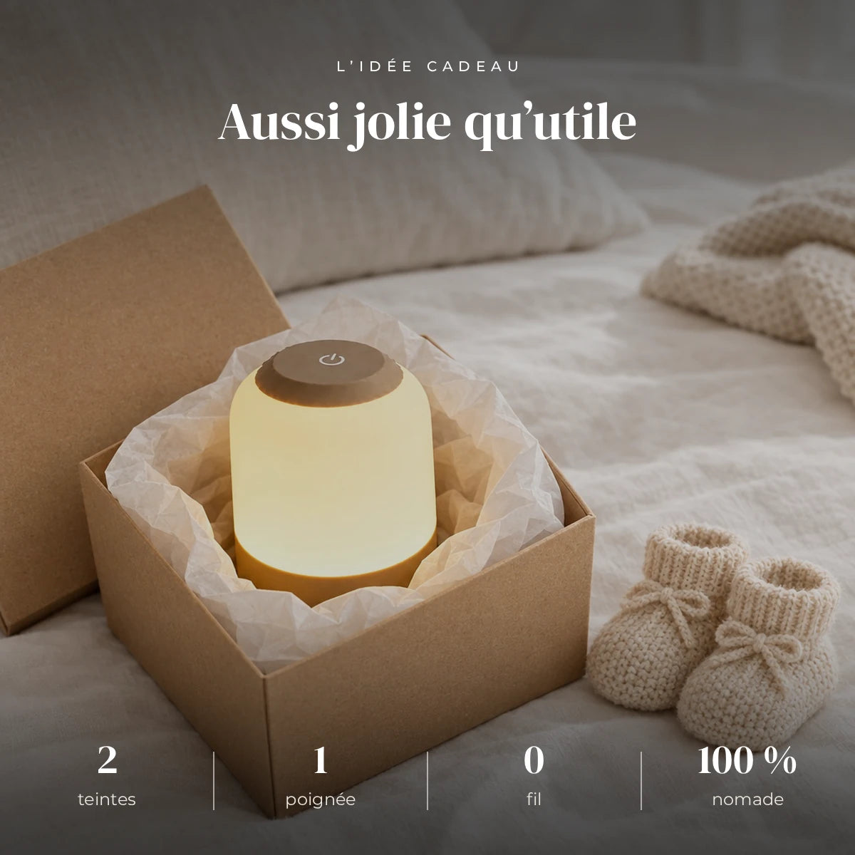 Veilleuse nomade tactile avec poignée dans sa boîte cadeau, idée cadeau de naissance