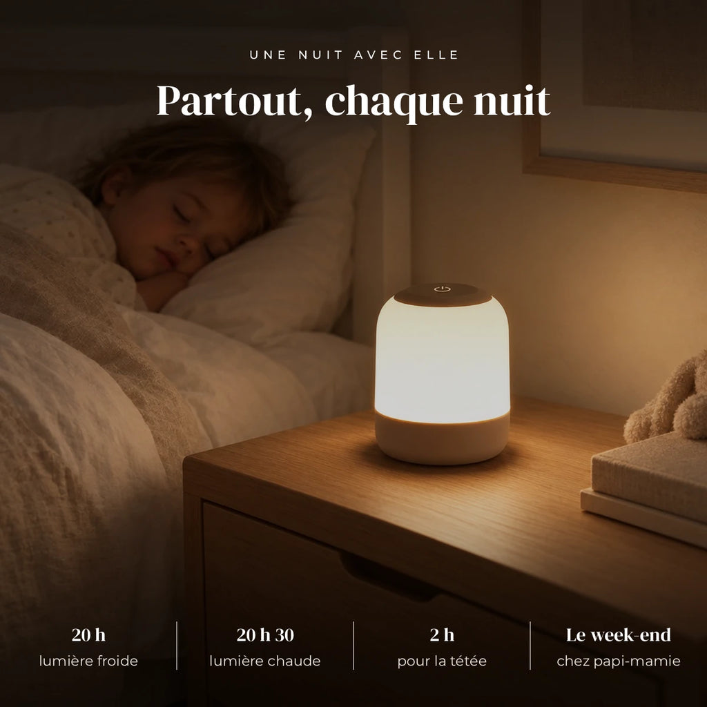 Veilleuse nomade tactile avec poignée qui éclaire doucement la chambre pendant que l’enfant dort
