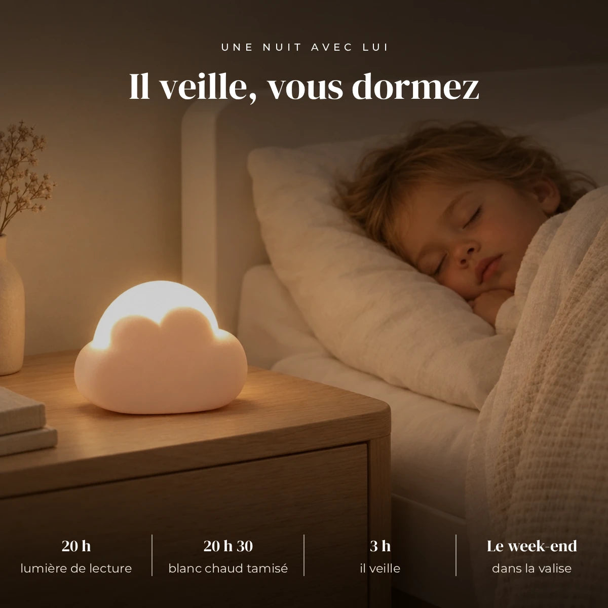 Veilleuse nuage mini qui éclaire doucement la chambre pendant que l’enfant dort