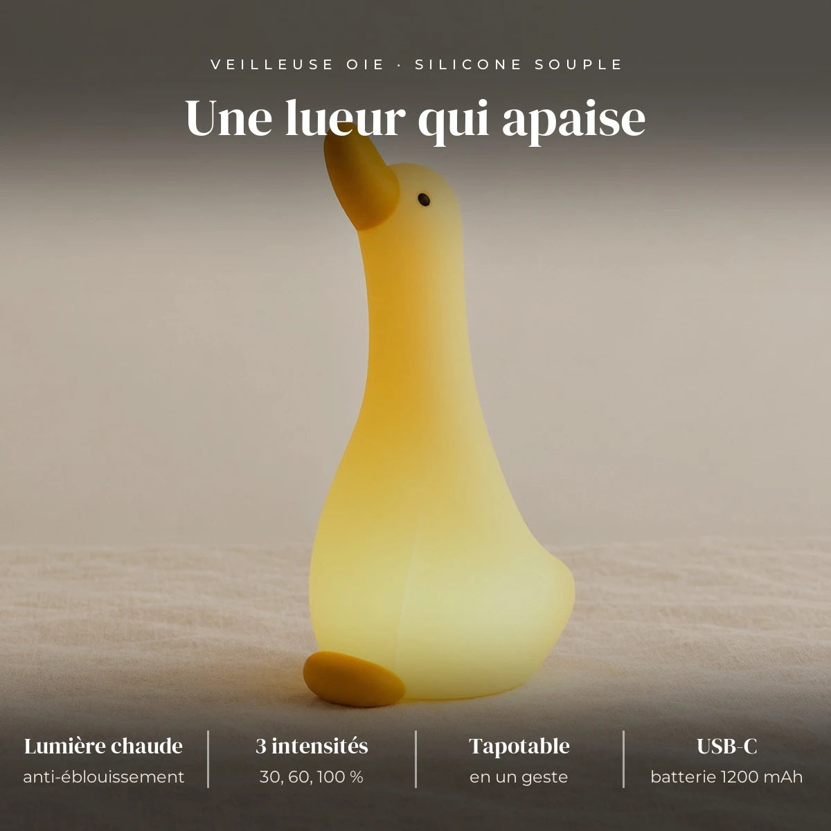 Veilleuse oie en silicone : silicone souple, LED chaude, 3 intensités (30, 60, 100 %), tactile (tapotement)