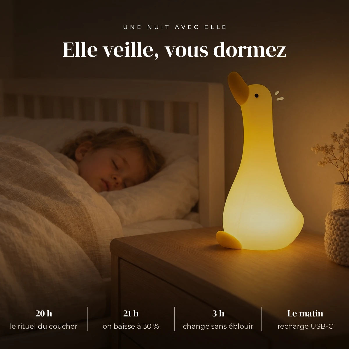 Veilleuse oie en silicone qui éclaire doucement la chambre pendant que l’enfant dort