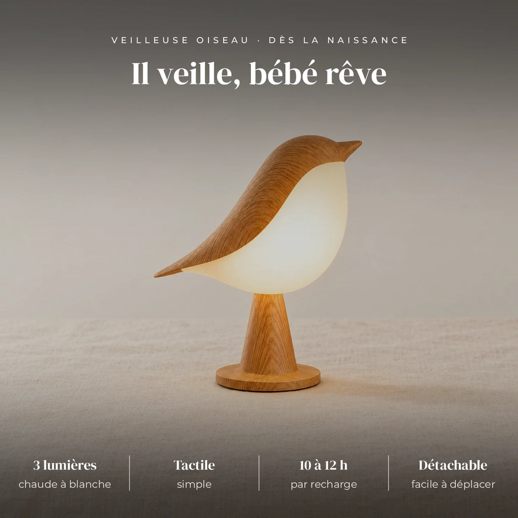 Veilleuse oiseau tactile avec diffuseur : chaude, neutre ou blanche, tactile, 10 à 12 h