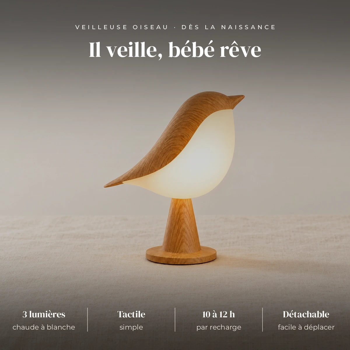 Veilleuse oiseau tactile avec diffuseur : chaude, neutre ou blanche, tactile, 10 à 12 h