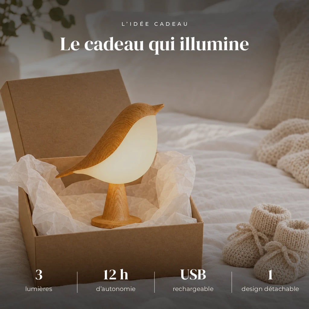 Veilleuse oiseau tactile avec diffuseur dans sa boîte cadeau, idée cadeau de naissance